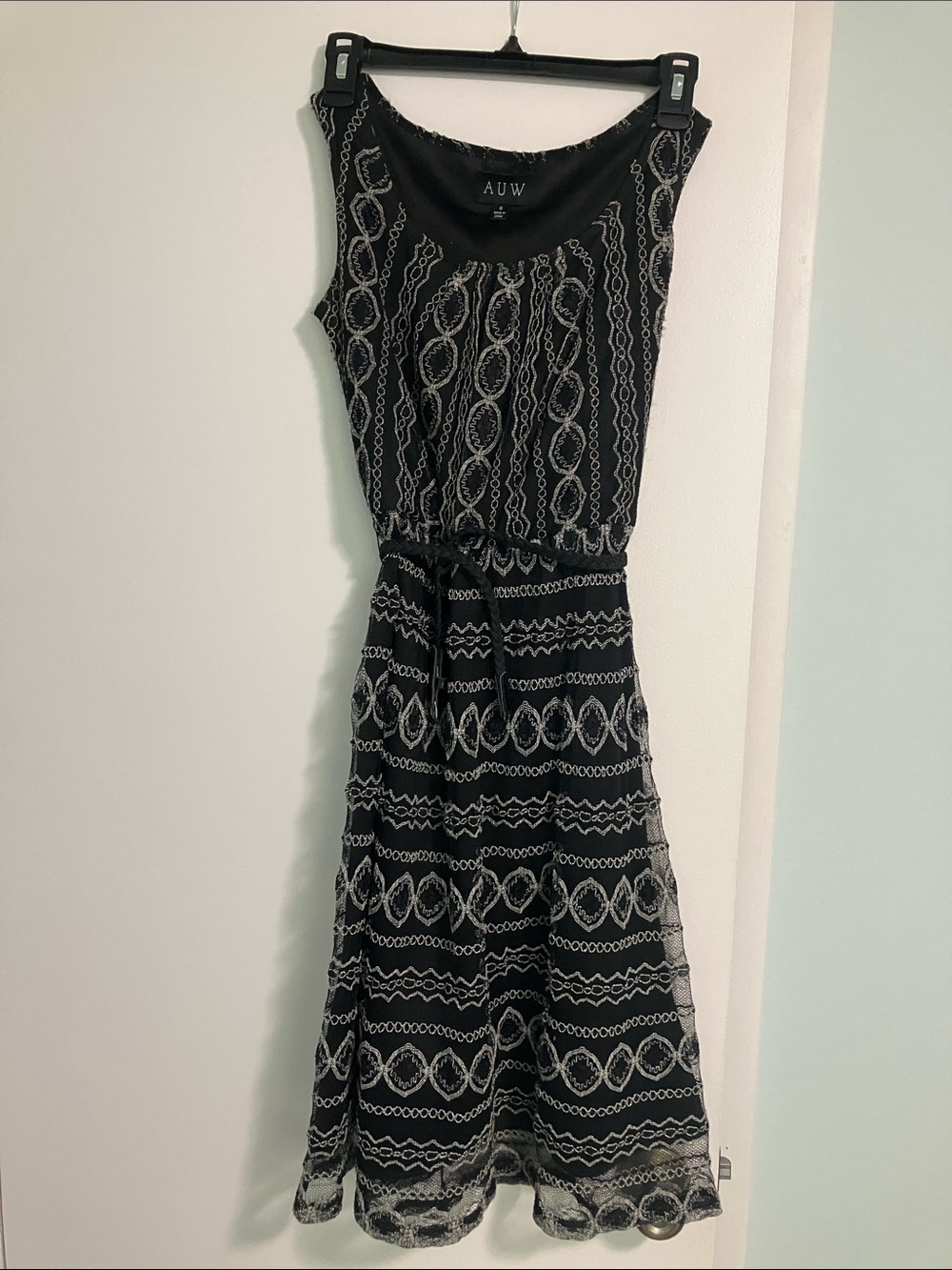 AUW Black Midi Dress with White Geometric Trim